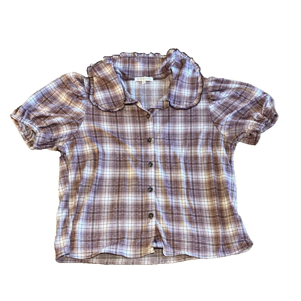 Women's Top Medium Pink Plaid Peter Pan Collar Soft Grunge Coquette Dollcore